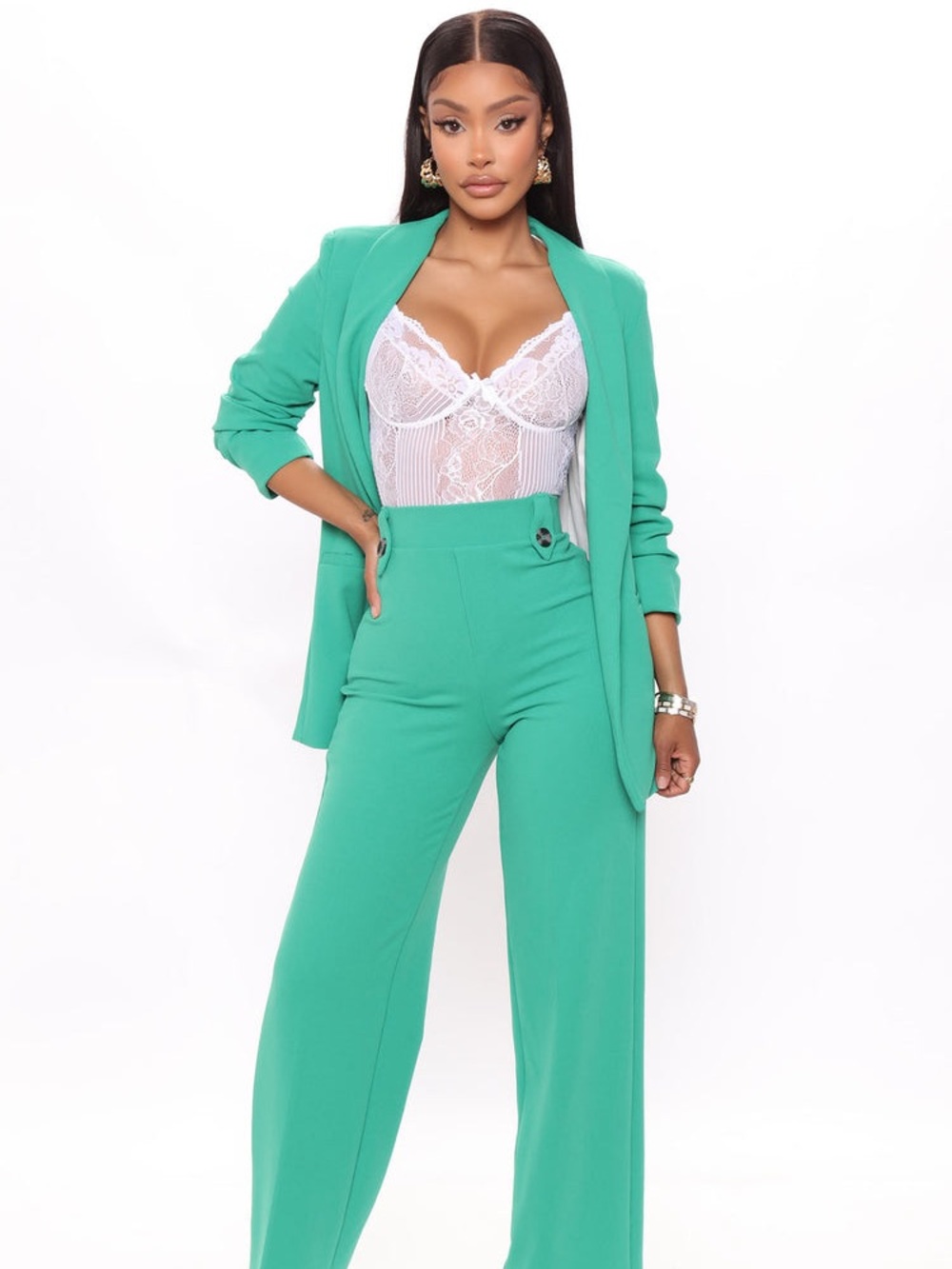 Fashion Nova High-Waist Wide Leg Pants & Blazer Set in Emerald Green